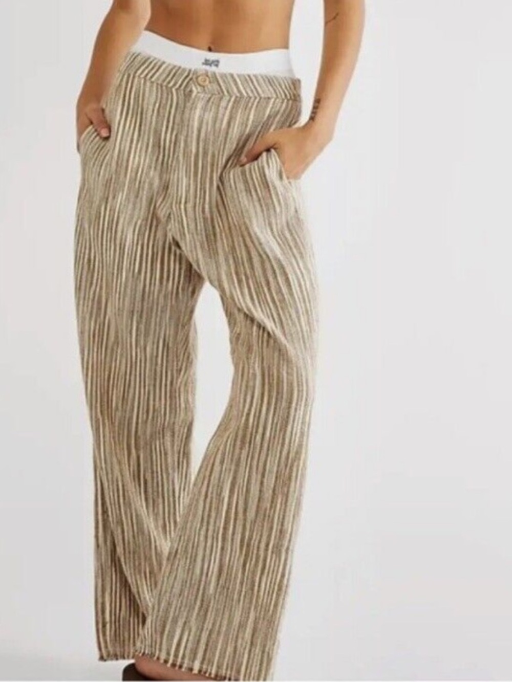 Free People Wide-Leg Yarn-Stripe Trousers in Brown and Ivory